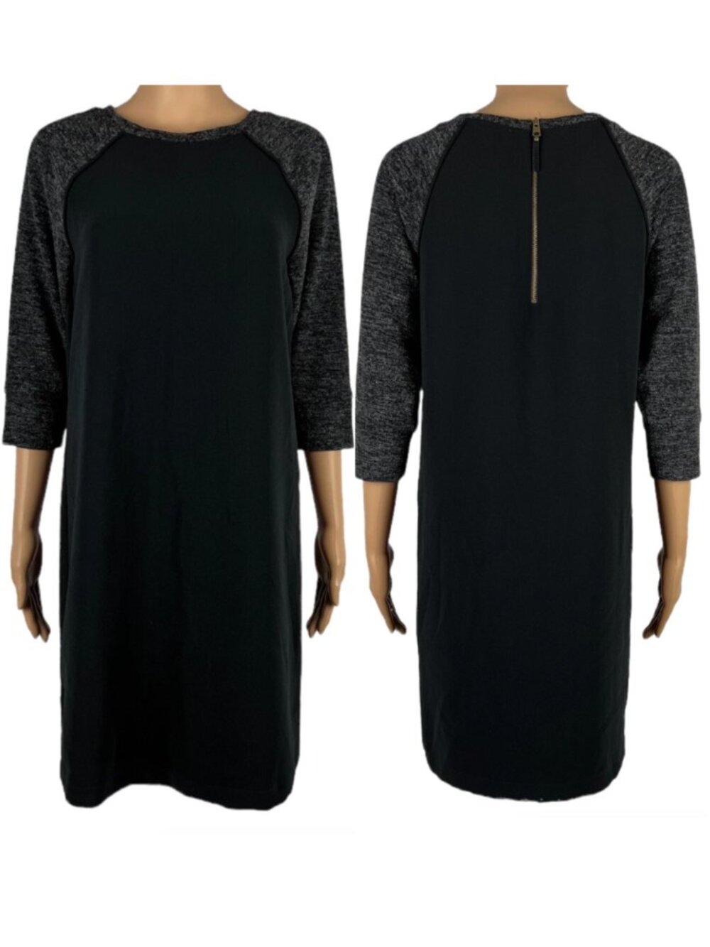 ANN TAYLOR LOFT Raglan Sleeve Colorblock Shift Dress Black Marled 3/4 Sleeve 12